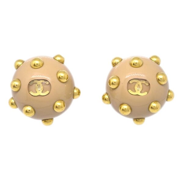 Chanel CC Logos Studs Button Earrings Beige Gold Clip-On 00A 89909 - Picture 1 of 4